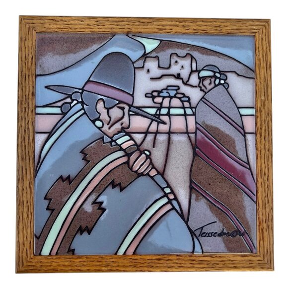 Southwest Style Ceramic Tile Trivet Wall Art By Teissedre 1988 Wood Frame 7 1/8" - Picture 2 of 7